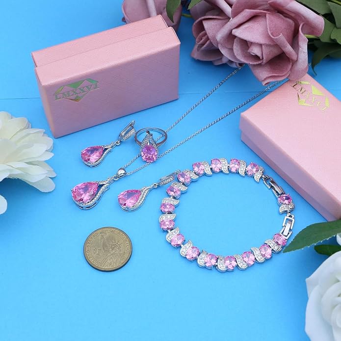 LMXXVJ Jewelry Set for Women,Teardrop Cubic Zirconia Necklace Earrings Adjustable Ring Bracelet Jewelry Set Formal Jewelry Gift