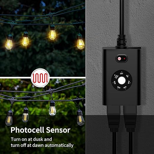 Minoston Outdoor Timer Outlet Waterproof, Dusk to Dawn Photocell Light Sensor Socket, 2/4/6/8 Hours Cutdown Timer, 2 Grounded Outlets for Christmas and Hallowen Deceration, Black(MP40T)
