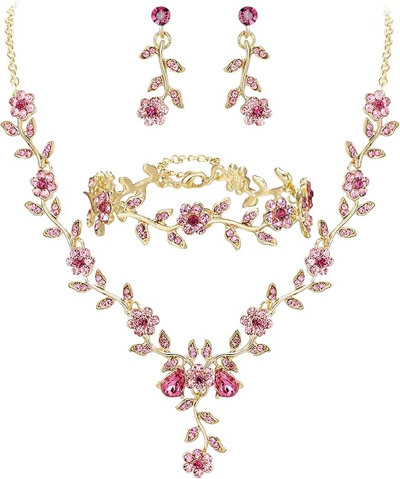 BriLove Women's Wedding Jewelry Leaf Cluster Flower Crystal Dangle Earrings Pendant Necklace Set for Bridal