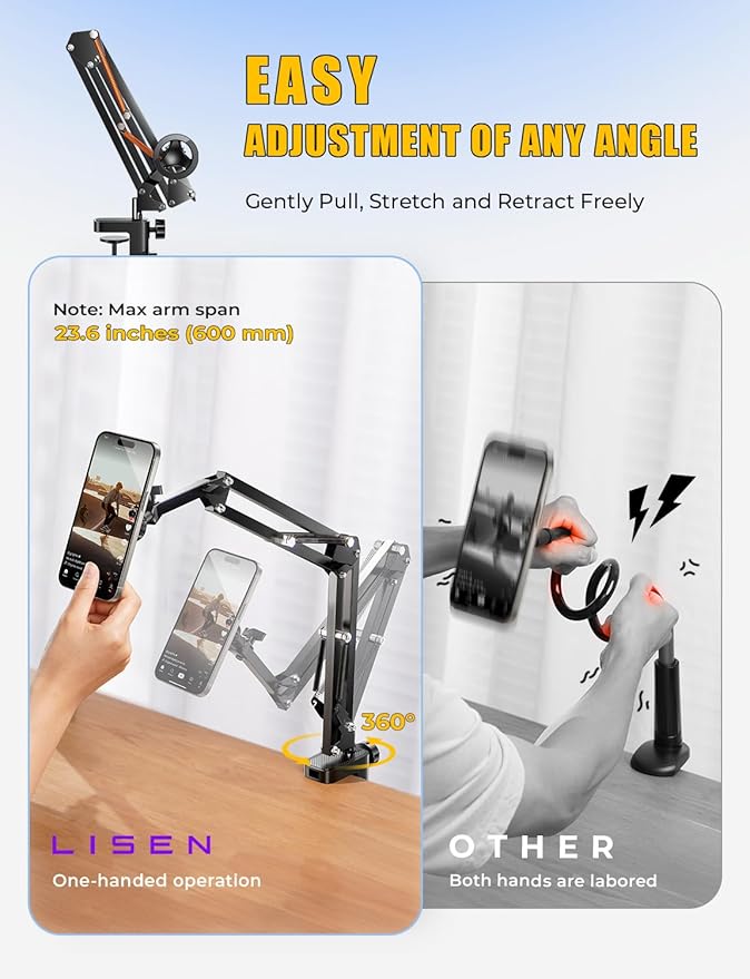 LISEN Gooseneck Phone Holder for Bed Magsafe Phone Stand for iPhone 16 15 Stand Holder for Desk Adjustable for Magsafe Accessories Recording for iPhone Mount for Filming Camera Laying Down