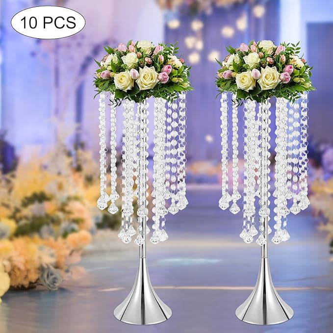 Wedding Centerpieces Silver Vases,10PCS Metal Flower Candle Holder with Sparkling Crystal Beads,Crystal Flower Vase Metal Flowers Stand for Party Tables Decorations (10PCS-Sliver-3)