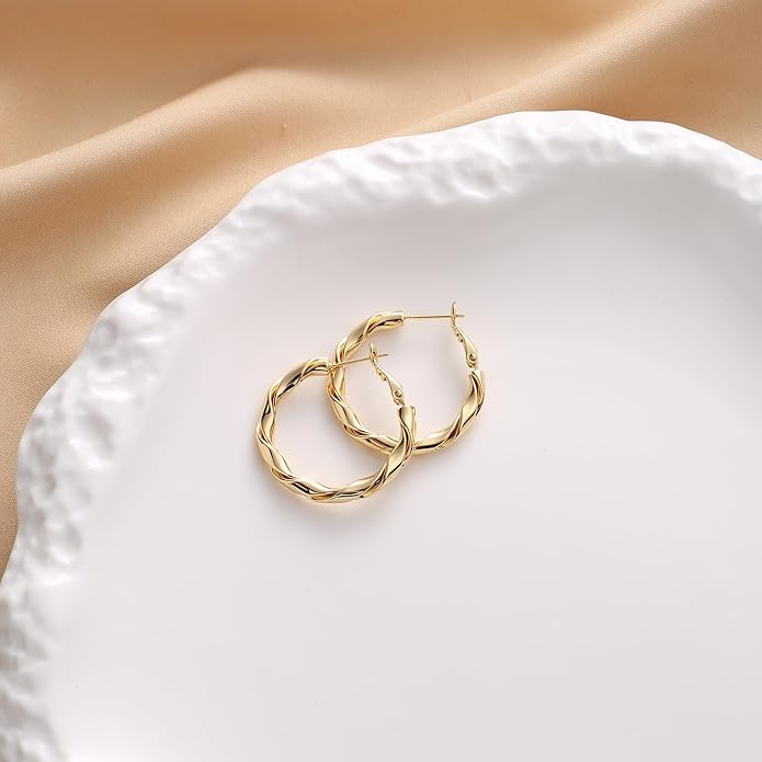 14k Gold Plated Hoop Earrings for Women, 925 Sterling Silver Posts Thick Twist Hypoallergenic Chunky Large Earrings 20mm 30mm 40mm 50mm