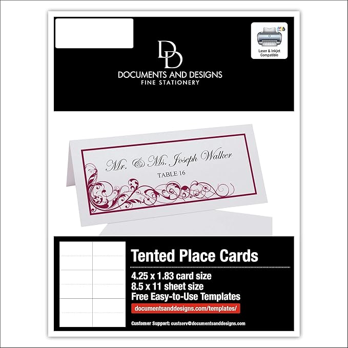 Scribble Vintage Swirl Printable Place Cards, Burgundy (Choose Color), Set of 60 (10 Sheets), Laser & Inkjet Printers - Wedding, Party, Dinner, and Special Events