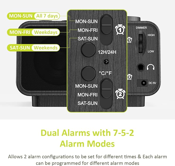 uscce Alarm Clock Radio for Bedroom - 0-100% Dimmer, 2 USB Chargers, Dual Alarm with Weekday/Weekend Mode, FM Radio w/Auto-Off Timer, Battery Backup, Loud Alarm Clock for Heavy Sleeper(Wood Grain)