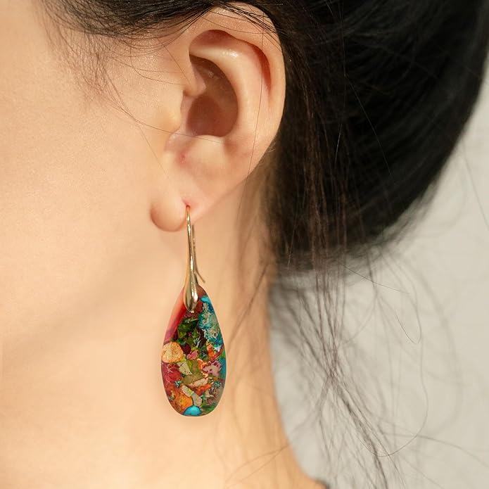 Natural Healing Stone Fishhoop Dangle Drop Earrings Statement Gold silver earrings