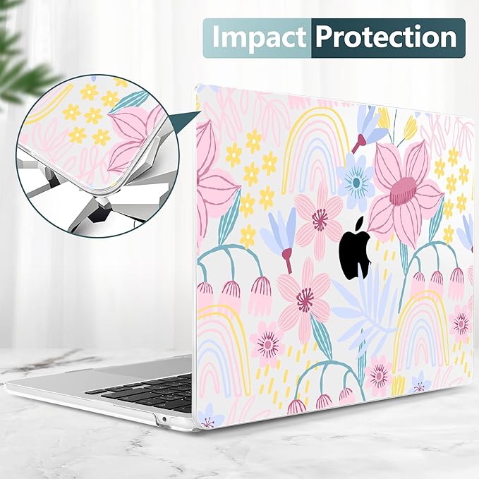 TWOLSKOO Compatible with M4 MacBook Air 15 inch Case 2025-2023 Released Model M4 A3241 M3 A3114 M2 A2941, Plastic Hard Shell & Screen Protector & Keyboard Cover & Type C Adapter, Floral Spring