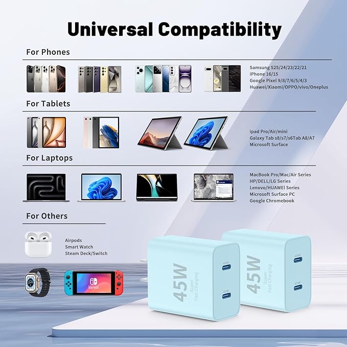 Super Fast Samsung Charger Type C,45W Dual Port USB C Fast Charger Block [2-Pack] & Extra Long 60W 3/6/6/10FT USB C Cable - PD Quick Charging 3.0 for Samsung Galaxy S25 Ultra/S24+/S23 iPhone 16