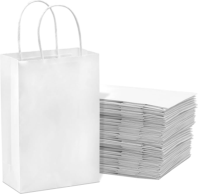 Prime Line Packaging White Paper Bags, Mini Gift Bags with Handles for Small Business, Shopping, Boutique, Merchandise, Party Favors, Bulk, 6x3x9, 100 Pack