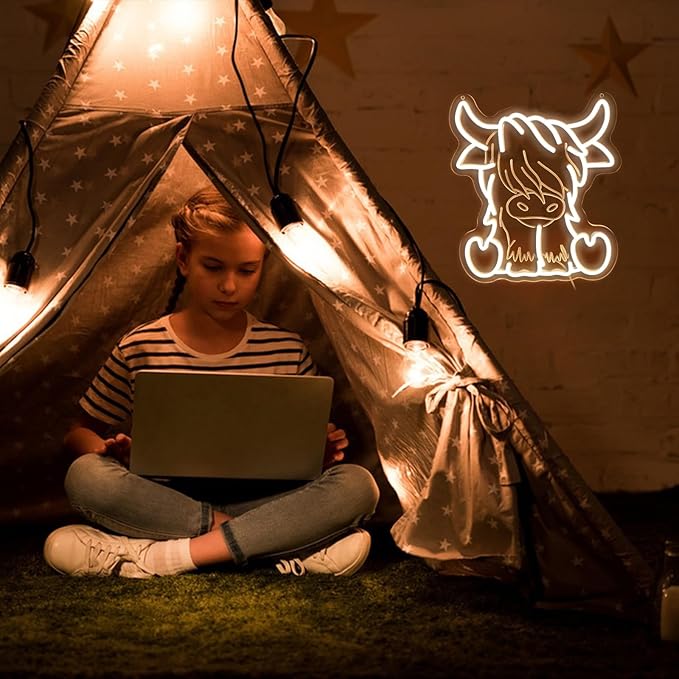 Highland Cow Neon Sign,Warm White Cow Night Light,Farmhouse Decor Sign,Hanging Neon Sign For Kids Room Living Room Birthday highland cow party decorations