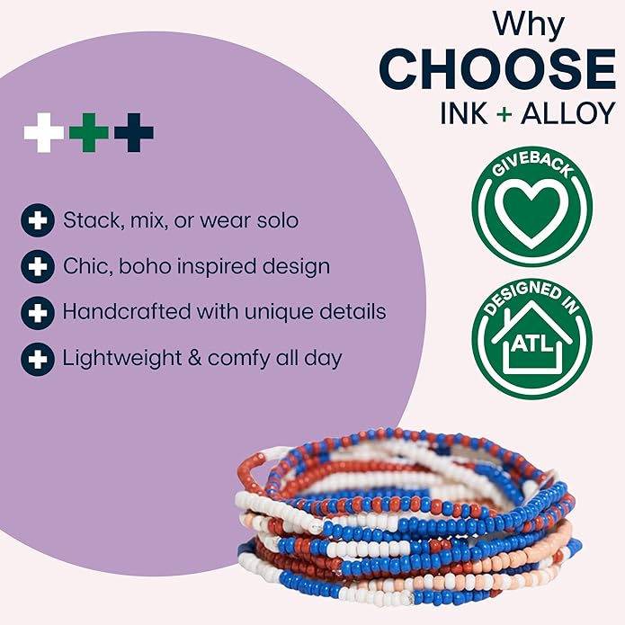 INK + ALLOY 10-Strand Stacking Beaded Bracelets for Women – Mixed Patterns Bracelet Stack - Adjustable Stretch Fit - Handmade Boho Bracelets for Women - Perfect for Any Occasion