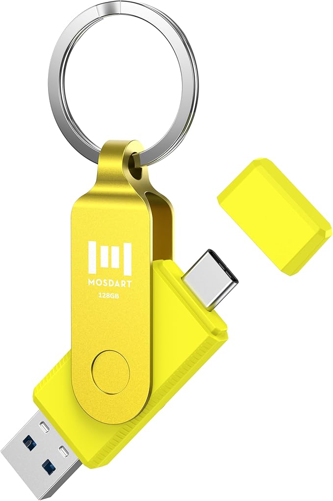 MOSDART 128GB USB3.1 Fast Speed C and A Dual Flash Drive, exFAT Memory Stick with Keychain and LED Indicator, for iPhone 15 and 16, Android Phone, iPad, MacBook, and Other Laptops,Yellow