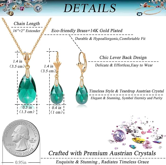 EVEVIC Austrian Crystals Teardrop Pendant Necklace Earrings for Women 14K Gold Plated Hypoallergenic Leverback Drop Dangle Earrings Jewelry Set