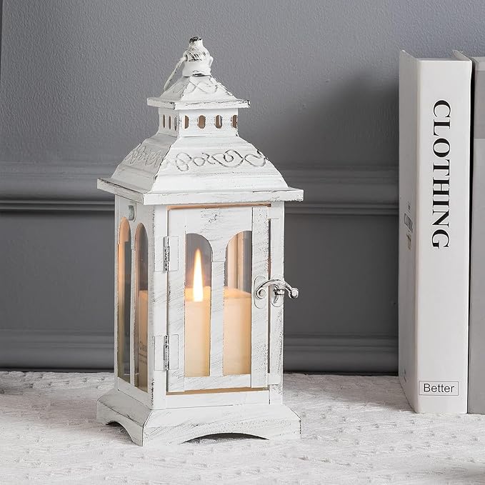 DECORKEY Lanterns Decorative Indoor & Outdoor, Medium Hanging Home Decor, Vintage Metal Decorative Candle Lanterns for Outdoor Patio Wedding Party White with Black Brush