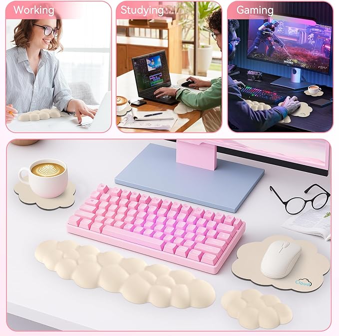 Cloud Wrist Rest for Computer Keyboard, 4-in-1 Memory Foam Leather Cloud Keyboard Wrist Rest and Mouse Pad Set with Ergonomic Support for Arm and Palm Cushion, Gaming/Work Setup, Beige