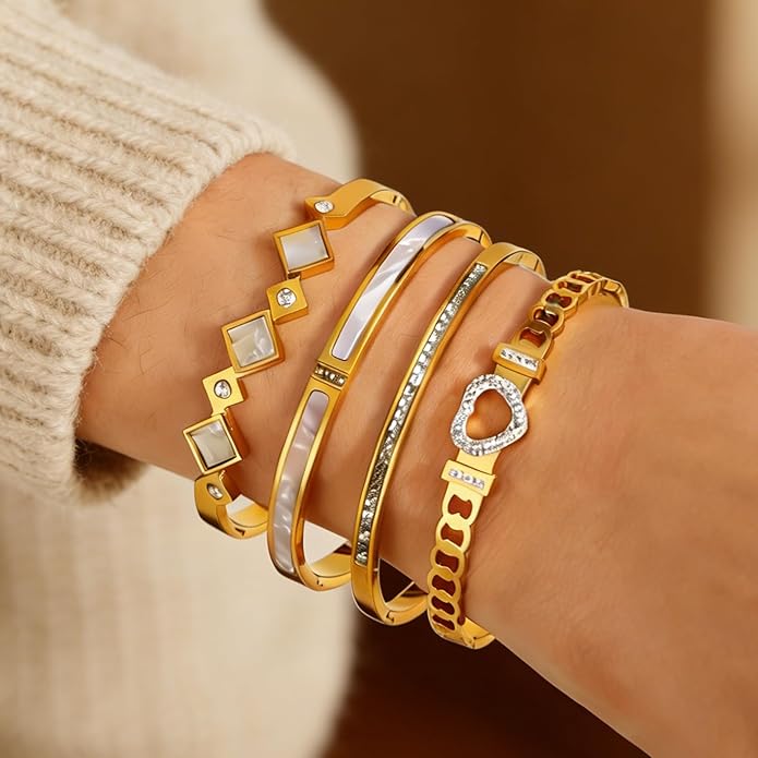 ZhiRui Women's 18K Gold Plated Stackable Bracelet Set - Waterproof Mother of Pearl Heart Cubic Zirconia Jewelry Gifts for Women