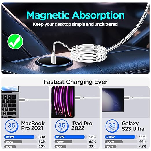 AICase Magnetic Charging Cable, Type C to Type C (6.5 FT) Super Organized Charging Magnetic Absorption Nano Data Cable for Samsung S23/S22/S21/S20 Ultra, MacBook Pro/Air, iPad Pro 12.9 11 Air Mini