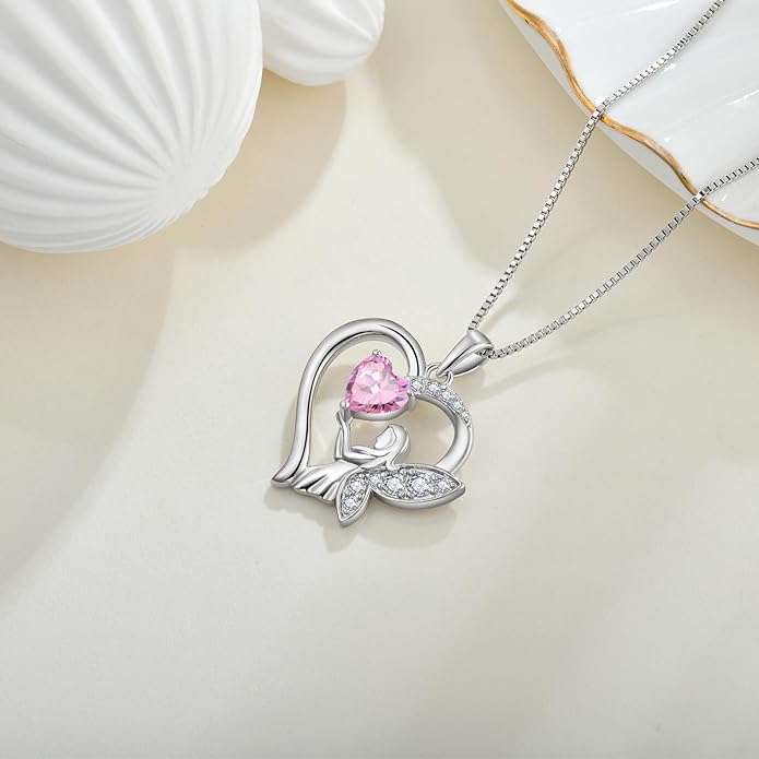 Guardian Angel Necklace 925 Sterling Silver Heart Angel Wings Pendant Birthstone Jewelry for Women