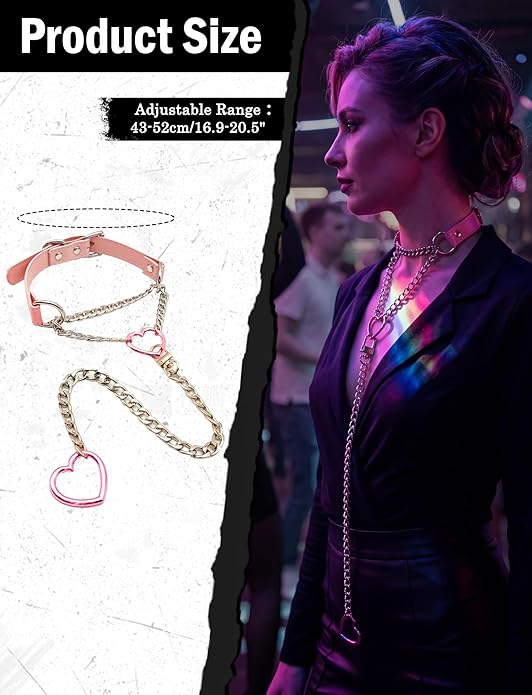 FEOYA Heart Choker Necklace for Women Hearts O-Ring Slip Chain Adjustable Punk Leather for Valentine Cosplay Gift