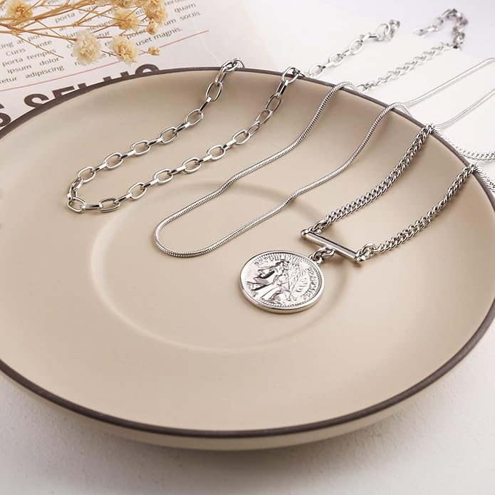 LANE WOODS Gold Plated Necklaces for Women - Multilayer Coin Medallion Pendant Necklace Adjustable Layering Choker Necklaces Chain Set Jewelry