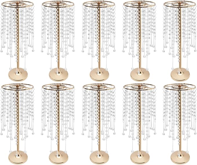 Wedding Centerpieces Gold Vases,10PCS Metal Flower Candle Holder with Sparkling Crystal Beads,Crystal Flower Vase Metal Flowers Stand for Party Tables Decorations (10pcs Gold-2)