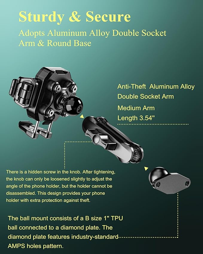 BRCOVAN Anti-Theft Phone Mount Holder with Vibration Dampener [Camera Friendly] [1s Lock & Release], with Aluminum Diamond Base & Medium Arm for Car Boat Truck Motorcycle UTV ATV Fit 5.4-7.2'' Phone