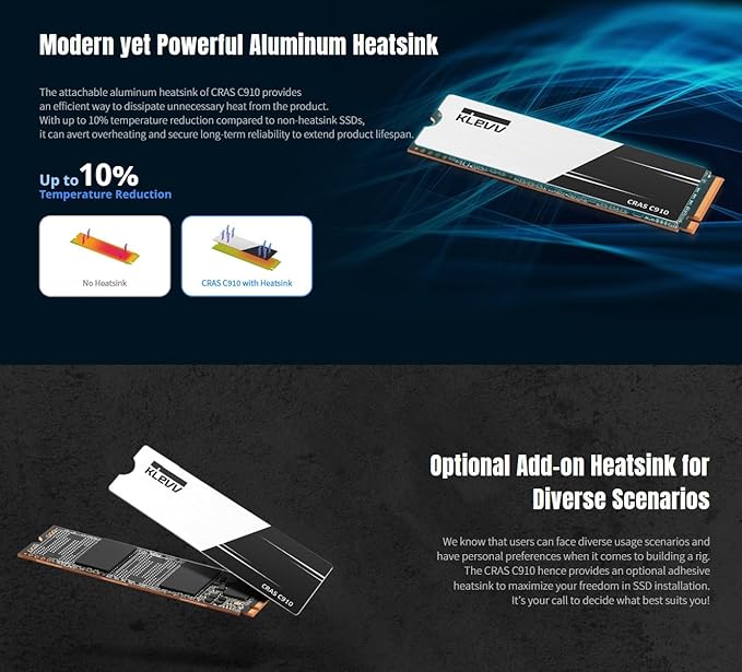 KLEVV CRAS C910 1TB M.2 2280 NVMe PCIe Gen4x4 Laptop & Desktop Internal SSD Heatsink Included, up to 5000MB/s (K01TBM2SP0-C91)