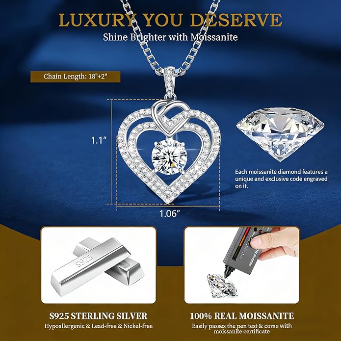 Gorgeous Moissanite Necklaces for Women - Valentine's Day Gifts for Wife Girlfriend, 925 Sterling Silver 1-3CT Moissanite Pendant Jewelry, Wedding Anniversary Birthday Christmas for Mom