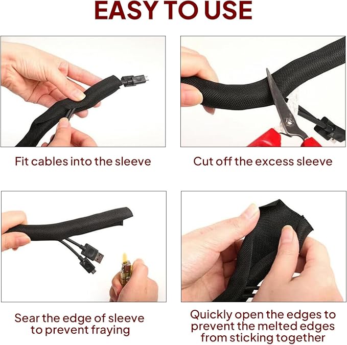Black Braided Cable Management Sleeves Wire Loom Tubing Cord Protector Self-Wrapping (3/4"-20feet)