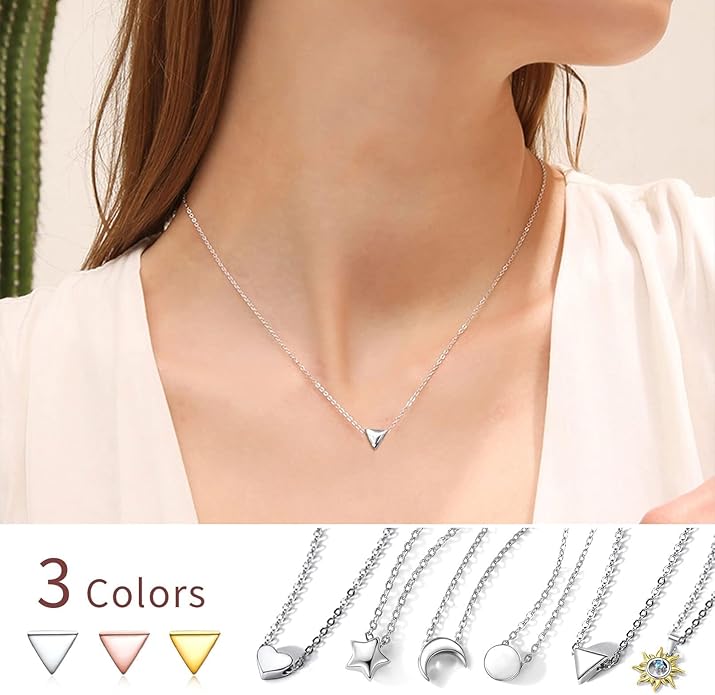 ChicSilver Personalized 925 Sterling Silver Dainty Small Heart/Star/Moon/Dot/Triangle Pendant Necklace for Women, Silver/Gold/Rose Gold/Black (with Gift Box)