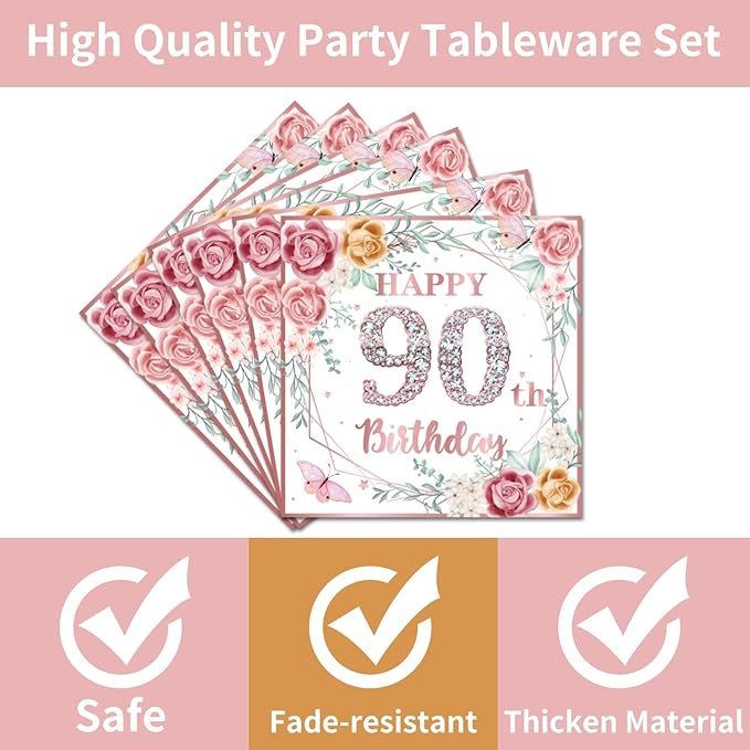 96Pcs 90th Birthday Party Decorations for Women Disposable Tableware Set -Rose Gold Floral Happy 90th Birthday Paper Plates Napkins Forks 90 Years Old Theme Party Supplies Serve 24 Guests