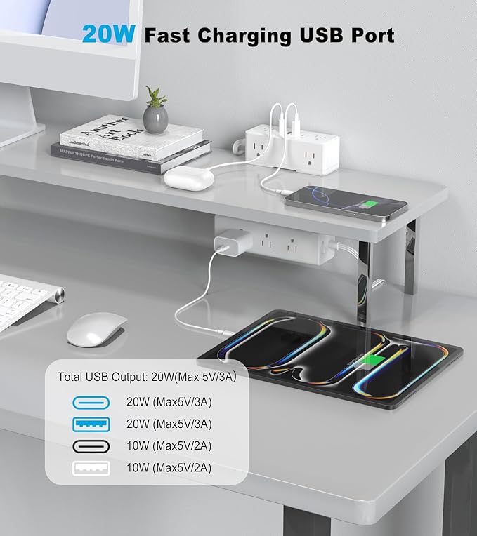 Dual Layer Desk Clamp Power Strip, Desktop Edge Mount Surge Protector with 4 USB Ports(2 USB-C) & 15 AC Outlets, Ultra Thin Flat Plug & 10FT Power Cord for Office Home(ETL Listed)