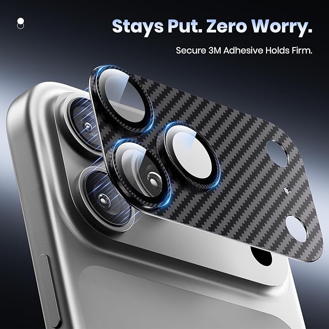 Hoerrye for iPhone 17 Pro Max Camera Lens Protector - [12FT Shatterproof Military Grade] [Strong Adsorption] Metal 9H+ Tempered Glass Camera Screen Full Cover Case Friendly,Carbon Fiber