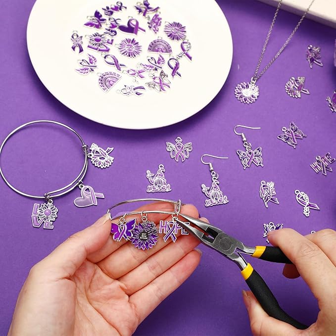 MARFOREVER 40 Pcs/20 Pairs Domestic Violence Charms for Jewelry Making, Purple Ribbon Awareness Charm Alzheimers Pancreatic Cancer Charms Lupus Awareness Pendants for Bracelet Necklace Earrings Making