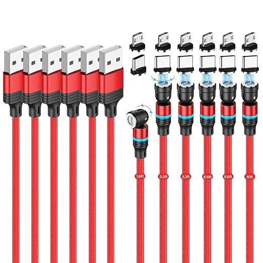 Magnetic Charging Cable (6-Pack,1.6+3.3+3.3+6.6+6.6+10ft) 540° Rotation Magnet Phone Charger USB C Cable 3A Fast Charging Magnetic Charger Cable with LED Light for Micro USB Type C Device