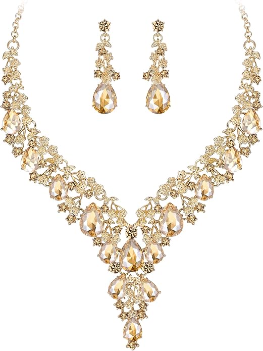 BriLove Women's Wedding Bridal Austrian Crystal Teardrop Flower Cluster Statement Necklace Dangle Earrings Jewelry Set for Party Prom