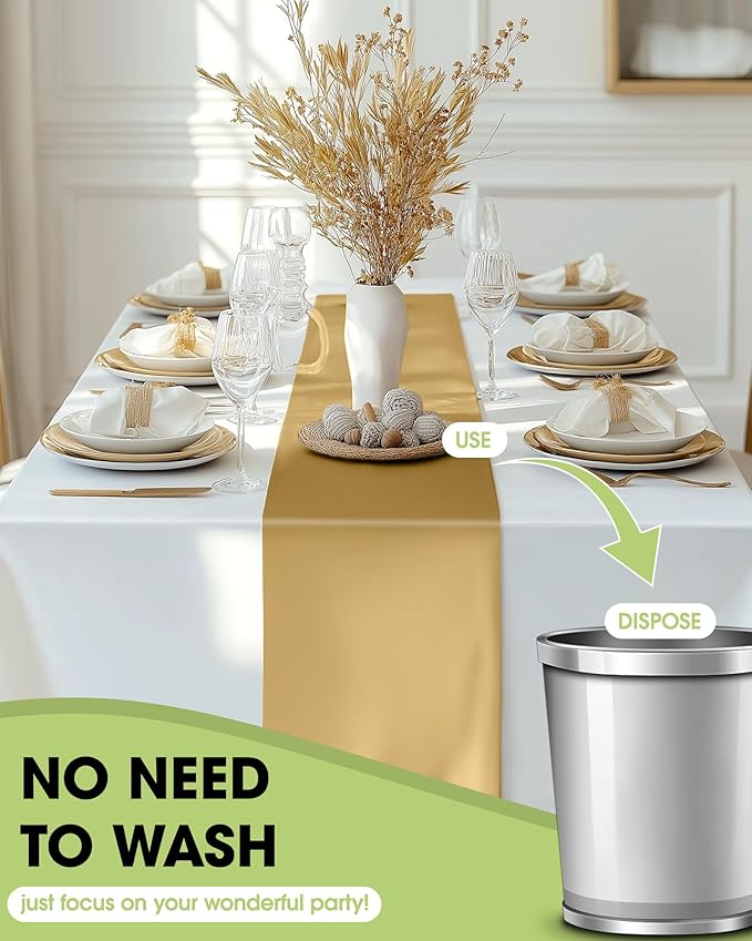 Pureegg Gold Plastic Table Runners - 30 Pack, 14'' x 108'', Water Resistant & Disposable Centerpiece Decorations for Table Cloth, Wedding, Birthday, Holiday, Baby Shower, Party, Home Decor