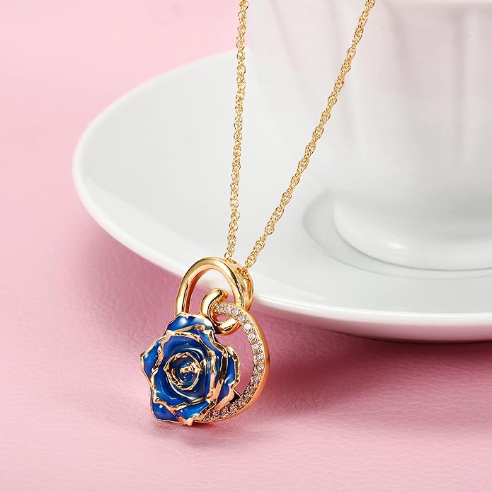 AliveRose Real Rose Gold Dipped Necklace Gifts for Women, 24K Gold Dipped Rose Pendant Necklace Jewelry Mothers Day Anniversaries Birthday Christmas Special Occasions Gifts for Her Mom Wife