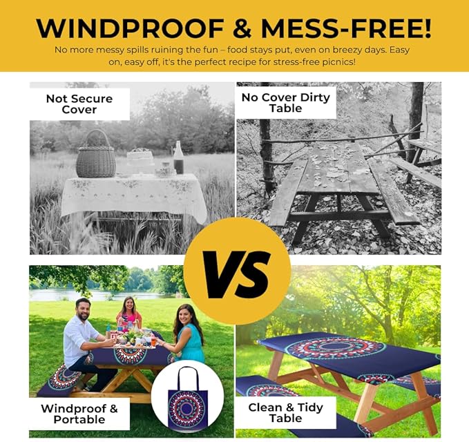 RNOONY 6ft Polyester Picnic Table Cover with Bench Covers Windproof & Waterproof Tablecloth, Perfect for Camping Gifts & RV Essentials, Cool Camping Gadgets, with Carrying Bag, 72x30 Inches, 4Pcs