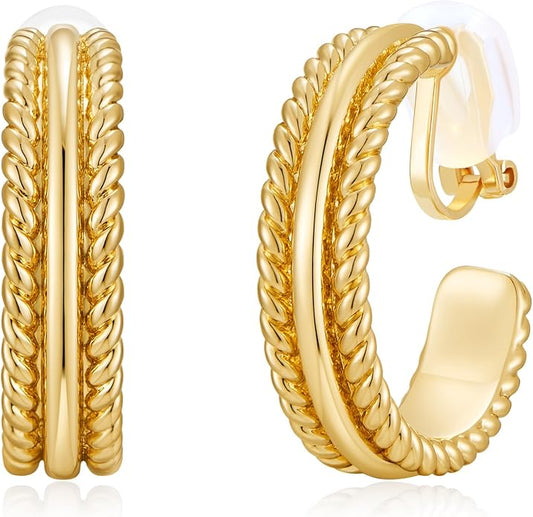 Gold and Silver Mixed Metal Clip-On Earrings Two Tone Clip-On Earrings Chunky Twist Open Hoops Earring Fashion Jewelry