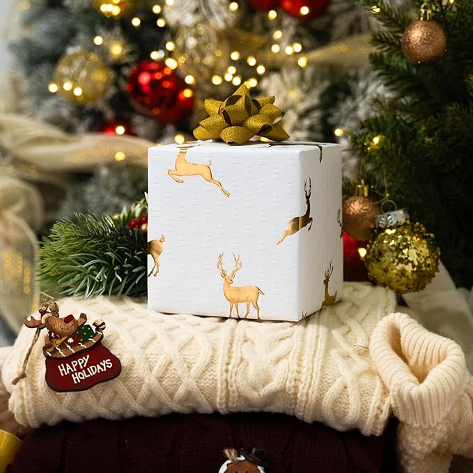 Garbendy Christmas Wrapping Paper Roll- 17 Inch X 32.8 Feet - Embossing 3D Christmas Trees Printed in White with Gold Foil Reindeer Design for Birthday, Wedding, Baby Shower, Bridal Shower, Party