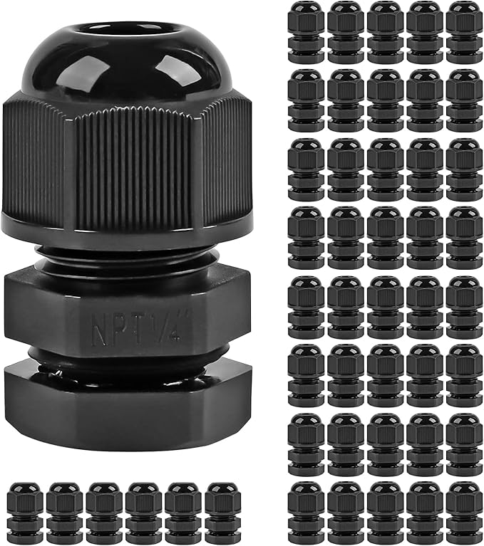 XHF 45 Pcs 1/4" IP68 Strain Relief Nylon Cord Grip NPT Cable Glands Adjustable UL Listed and RoHS Compliant (Black)