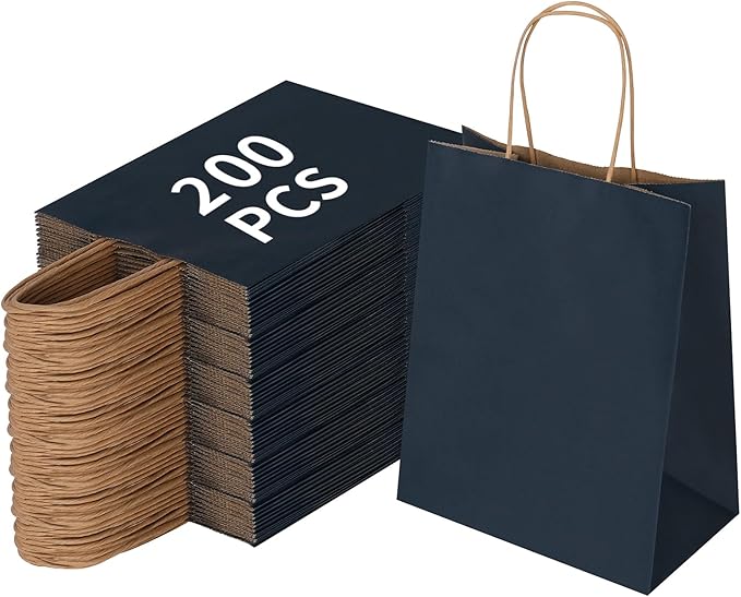 Joybe 200 Pack 8x4.75x10 Inch Medium Navy Blue Kraft Paper Bags with Handles Bulk, Craft Paper Gift Bags for Party Favors Grocery Retail Shopping Business Goody Merchandise Take Out Blank Sacks