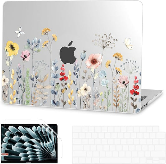 G JGOO Compatible with MacBook Air 13 inch Case 2025 2024 2023 2022 M4 A3240 M3 A3113 M2 A2681, Clear Plastic Hard Shell for MacBook Air 13.6 inch Case+Keyboard Cover+Screen Protector, Garden Flower