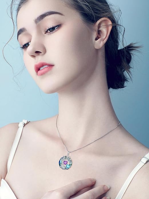 TOUPOP s925 Sterling Silver Family Celtic Tree of Life Pendant Necklaces with 2 Heart Birthstone with Blue Austrian Crystal Jewelry Birthday Valentines Day Gifts for Her, Anniversary Christmas Gifts for Wife Girlfriend Mom (18K Real White Gold Filled)