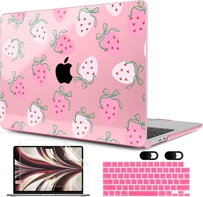 MEEgoodo Case for MacBook Air M4/M3/M2 13.6 inch 2025 2024 2022, Fit Model A3240 A3113 A2681, Compatible with MacBook Air 13 inch, Laptop Hard Shell Case with Keyboard Cover, Strawberry & Bow