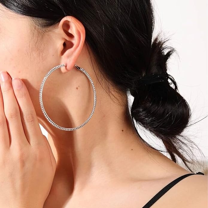 925 Sterling Silver Earrings Large Rhinestone Hoop Earrings Big Cubic Zirconia Hoop Earrings Thin Rhinestones Round Hoop Earrings for Women 20/30/40/50/60/70mm Sparkly Hoops With Crystals for Womens
