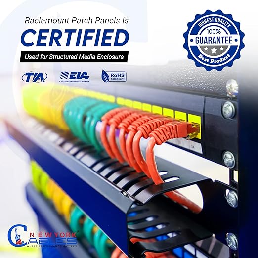 NewYork Cables® Blank Keystone 24 Port Cat6 Patch Panel - 10Gb Ethernet 1U Horizontal Rack Mount, Color-Coded T568A/B Labels, Network for Data Centers, Server Rooms, Unloaded, Unshielded.