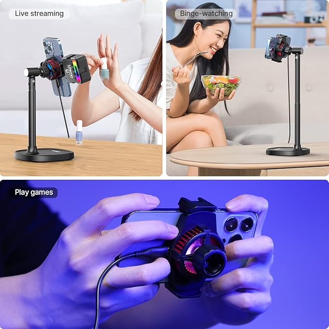 ULANZI SK-06 Cell Phone Stand with Phone Cooler, Desktop Phone Live Streaming Solution with Phone Cooling Fan, Height Adjustable Phone Cooler Stand Compatible with All Mobile Phones, iPhone & Android