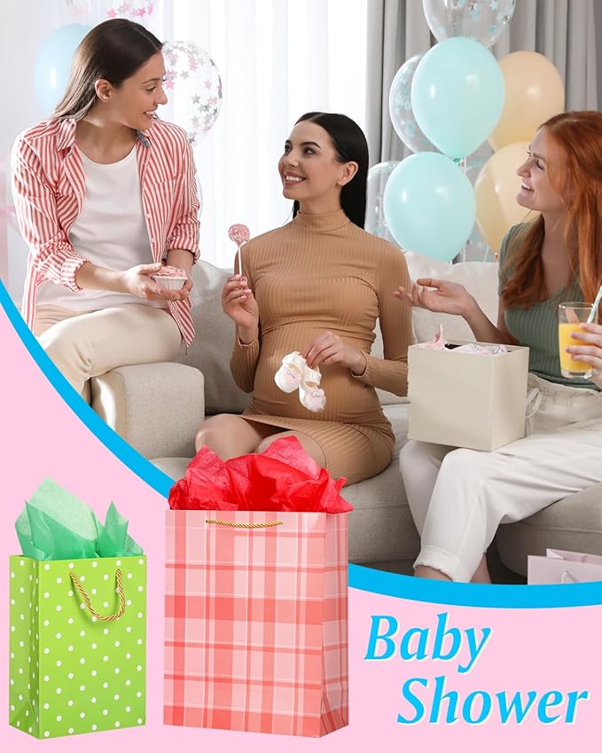 OUTUXED 12pcs Paper Gift Bags Assorted Sizes with Tissue, Birthday Gift Bags 3 Sizes (4 Medium/4 Large/4 Extra Large) - For Birthday, Baby Showers, Party & Wedding