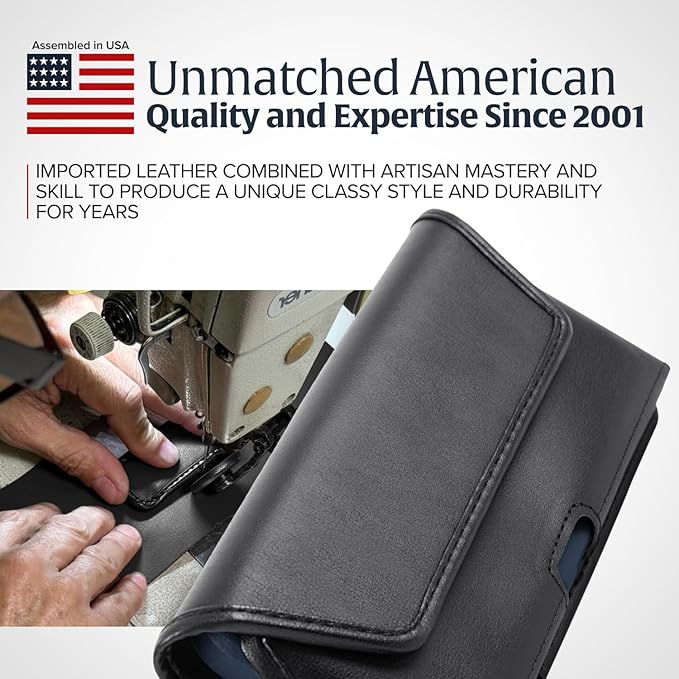 Turtleback Belt Holder for iPhone 16 Pro, 16e, 15 pro 14 Pro 13 Pro -Large- Fits w/Defender Bulky Style Cases, Premium Black Leather, Horizontal Case, Magnetic Closure Leather Wrapped Belt Clip
